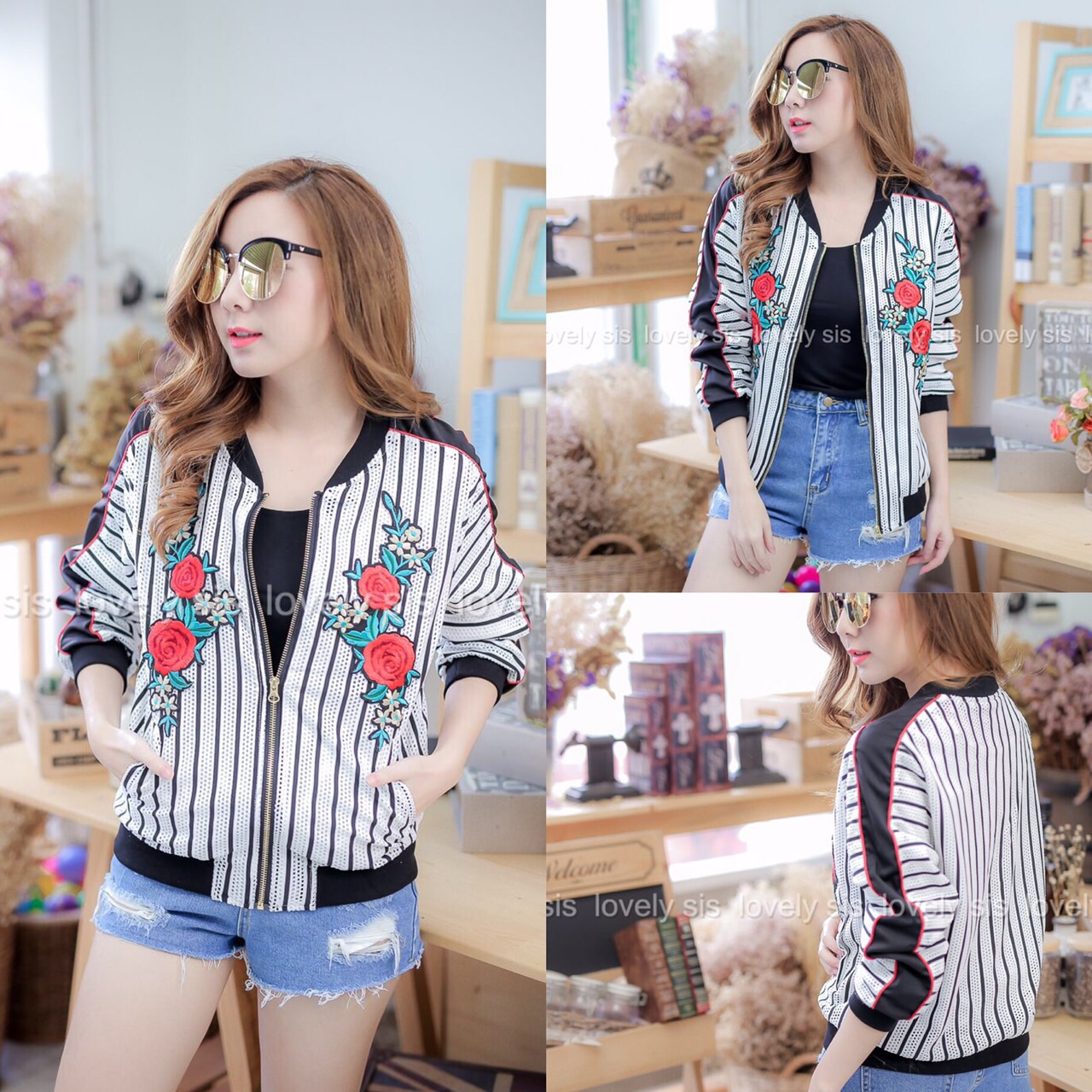 แจคเก็ตแขนยาว งานสวยมากค่า แต่งซิปหน้า งานปักลายดอกกุหลาบสวยงาม แต่งแถบสีดำช่วงด้านข้างและด้านล่าง ผ้าเนื้อดี ใส่คลุมได้ตลอดจ้า