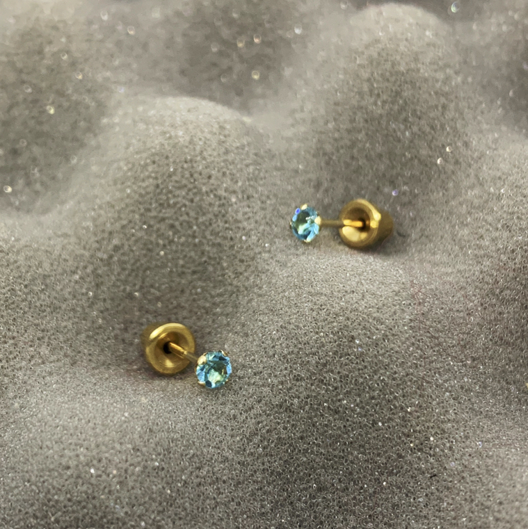 ส่งฟรี!(ทองแท้14K) ต่างหูสำหรับผิวแพ้ง่ายแป้นตัน ปลอดภัย 100% 14K Aquamarine (คริสตัลสีฟ้า)_HCK303