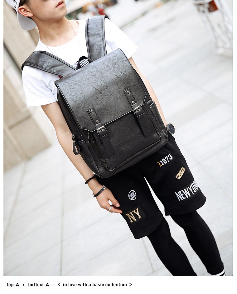 พร้อมส่ง กระเป๋าเป้สะพายหลังนักศึกษาผู้ชาย ใส่คอมพิวเตอร์ไซร์ 14 นิ้ว หนัง PU กันน้ำแฟชั่นเกาหลี