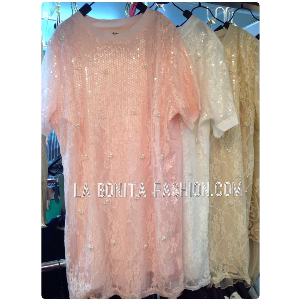 New!! Sequin Dress เดรสลูกไม้เกาหลีทรงปล่อย ปักเลื่อมวิ้งๆวาวๆ
