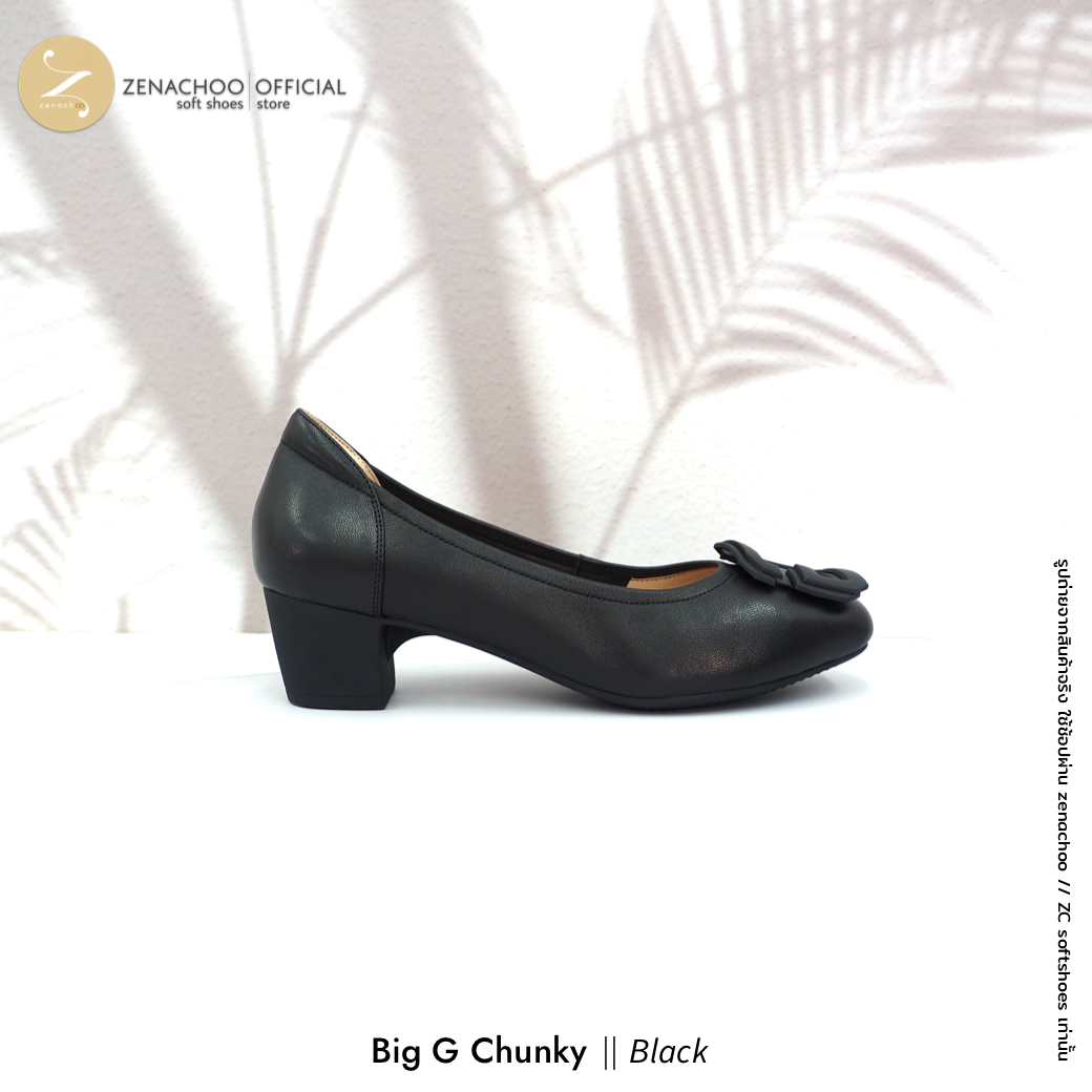 ทรงปกติ เปลี่ยนไซส์ได้-ไม่รับคืน พื้นยางนิ่ม เพื่อสุขภาพ Zenachoo Big G Chunky สูง 2 นิ้ว รองเท้าหนังแกะแท้ ใส่สบายมาก