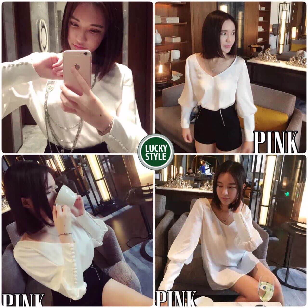 เสื้อผ้าไหมคอวีแต่งแขนกระดุมยาว ภายใต้แบรน Chanel ดีเทลเนื้อผ้าเป็นผ้าไหมญี่ปุ่นเนื้อนุ่ม เนื้อผ้าสวยงามพรีเมี่ยม