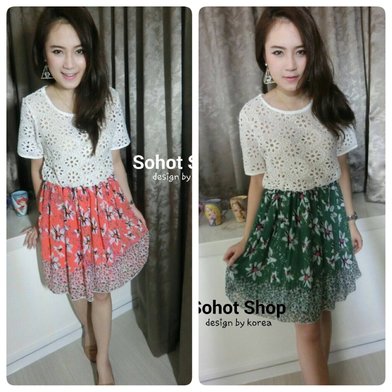 เดรสลูกไม้กระโปรงลายดอก