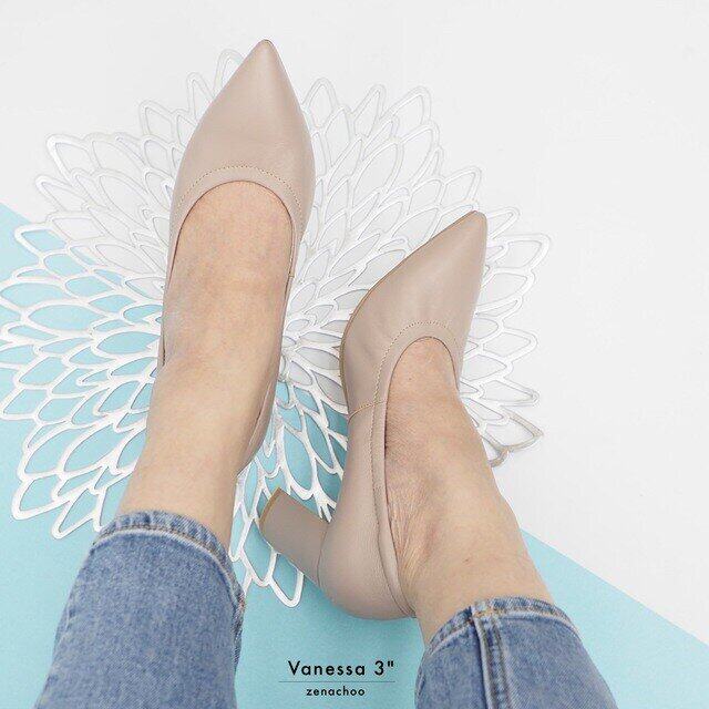 เปลี่ยนไซส์ได้ ไม่รับคืนทรงปกติ หน้าเท้ากว้างเพิ่ม 1 ไซส์ Zenachoo Vanessa3 สูง 3 นิ้ว หนังแกะแท้ หัวแหลม