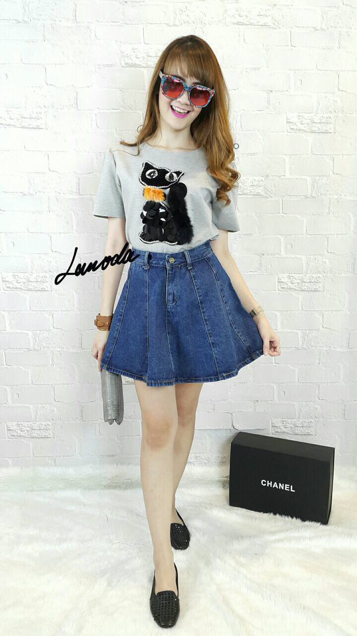 Skirt Jean Denim กระโปรงยีนส์กระดุมหน้า งานตัดต่อด้วยผ้า 9 ชิ้น ทำให้ pattern ออกมาน่ารักมาก ๆ
