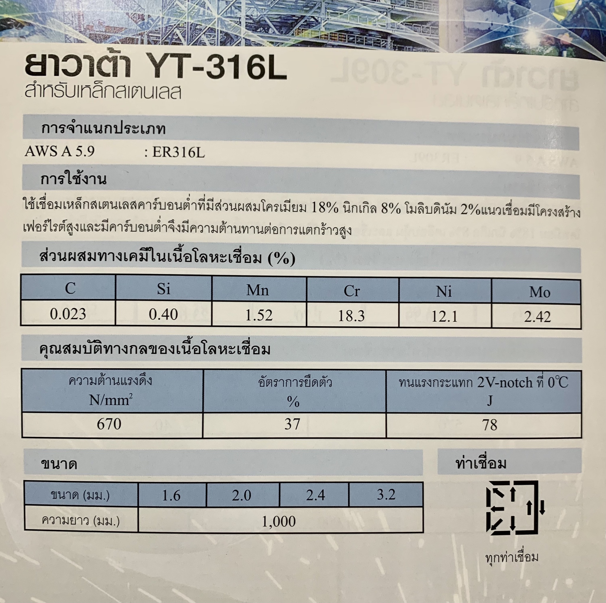 ลวดเชื่อม TIG YAWATA YT-316L (แบ่งขาย 1 กก.)