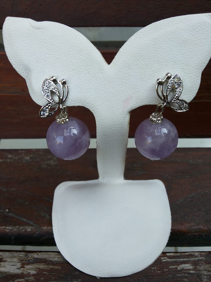 ต่างหู อะเมทิสต์ Amythyst ขนาด 14 มิล ตัวเรือนเงิน 92.5 เพชร cz