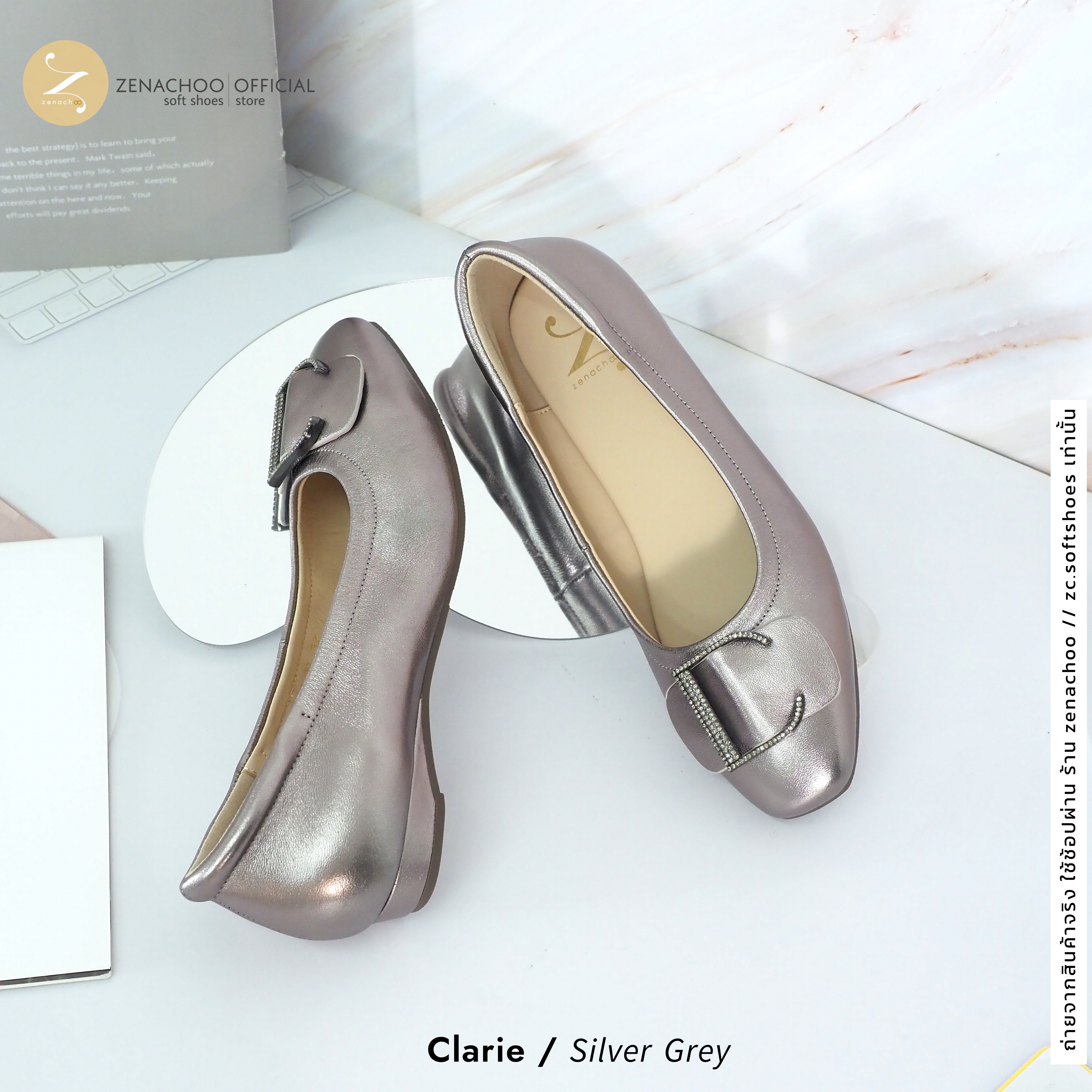 ทรงใหญ่ ลด 1 ไซส์ เปลี่ยนไซส์ได้-ไม่รับคืน Zenachoo รุ่น Claire สูง 1 นิ้ว รองเท้าหนังแกะแท้ หนังนิ่ม พื้นนุ่ม