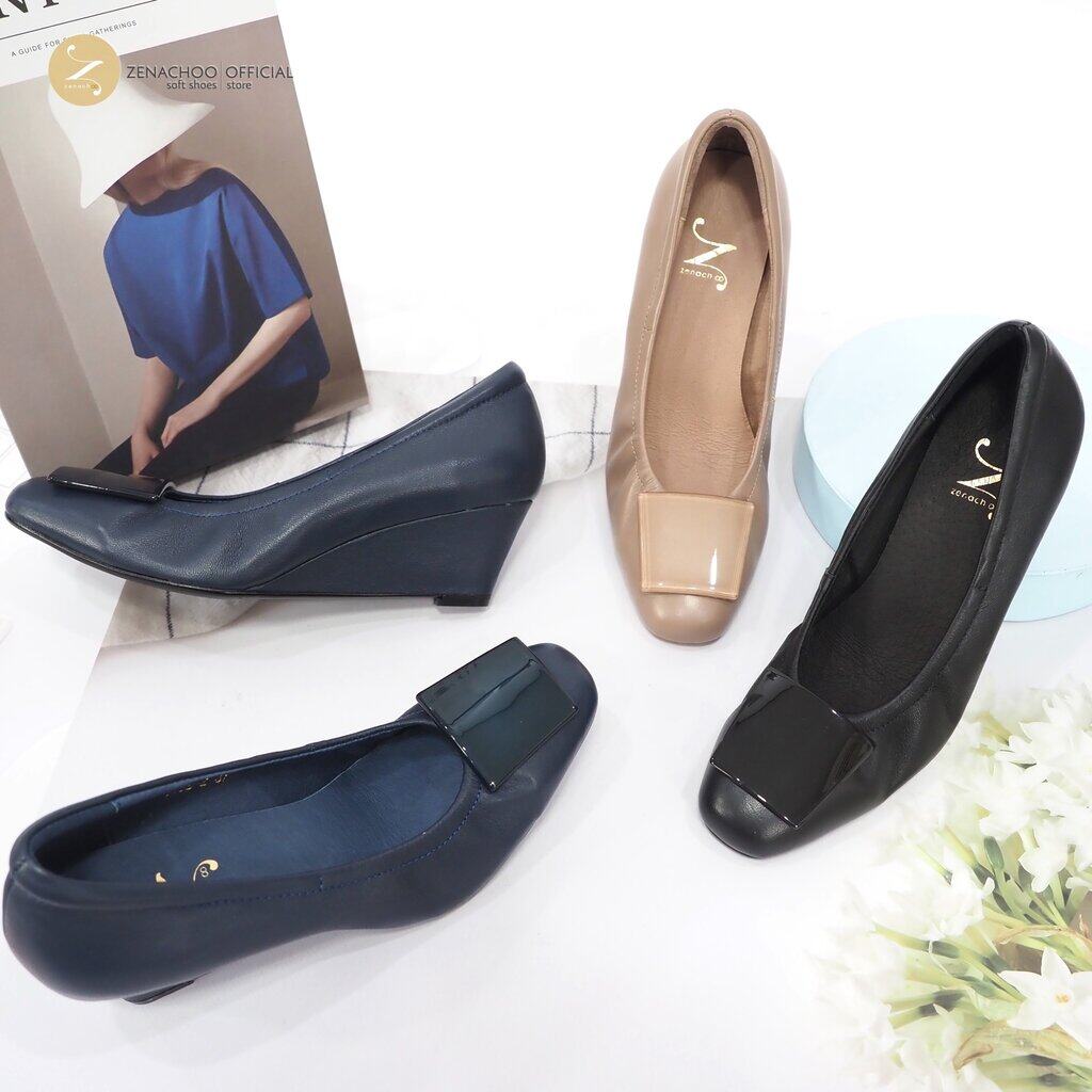 ทรงปกติ เปลี่ยนไซส์ได้-ไม่รับคืน Zenachoo รุ่น Linya สูง 2 นิ้ว รองเท้าหนังแกะแท้ ส้นเตารีด ทรงสวยนิ่มสบาย