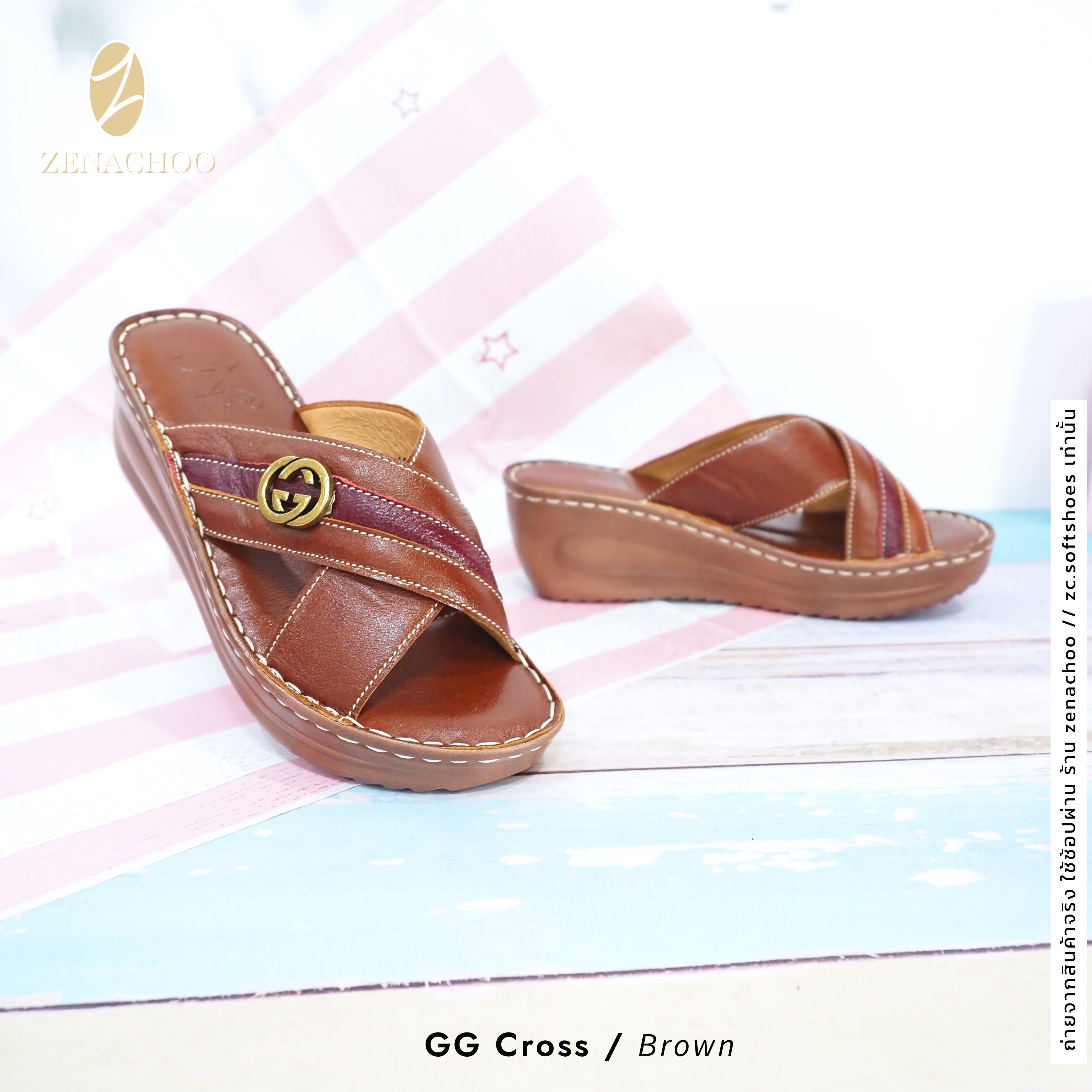 ทรงปกติ เปลี่ยนไซส์ได้-ไม่รับคืน Zenachoo รุ่น Gg Cross สูง 2 นิ้ว รองเท้าสุขภาพ หนังแท้ 100% นิ่มสบาย ไม่ปวดขา