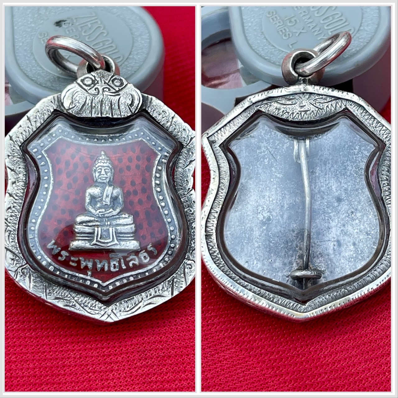 หลวงพ่อโสธร เนื้อเงินลงยาสีแดงรุ่นแรก ปี2498 บล็อก5จุด หลังเข็มกลัด