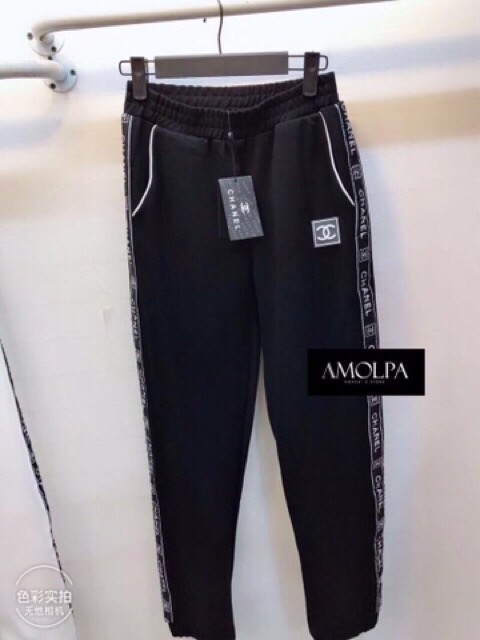 กางเกงวอร์มขายาว สีดำ มีแถบข้าง งานป้าย