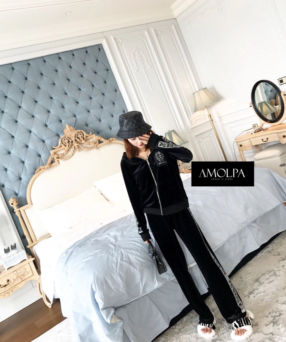 ชุดเซ็ท2ชิ้น เสื้อ+กางเกงขายาว ผ้ากำมะหยี่ งานป้าย