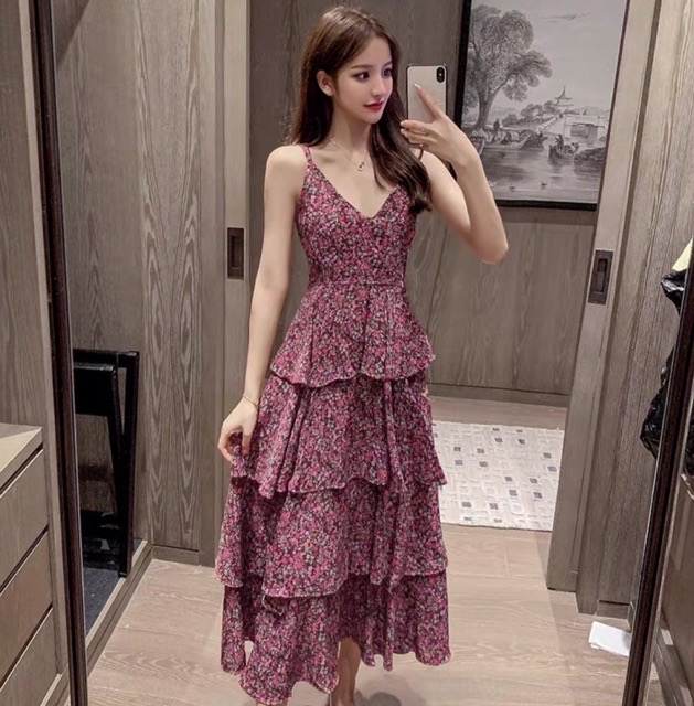 เดรสระบายชั้นๆ ลายดอกเล็กๆน่ารักสไตล์เกาหลี