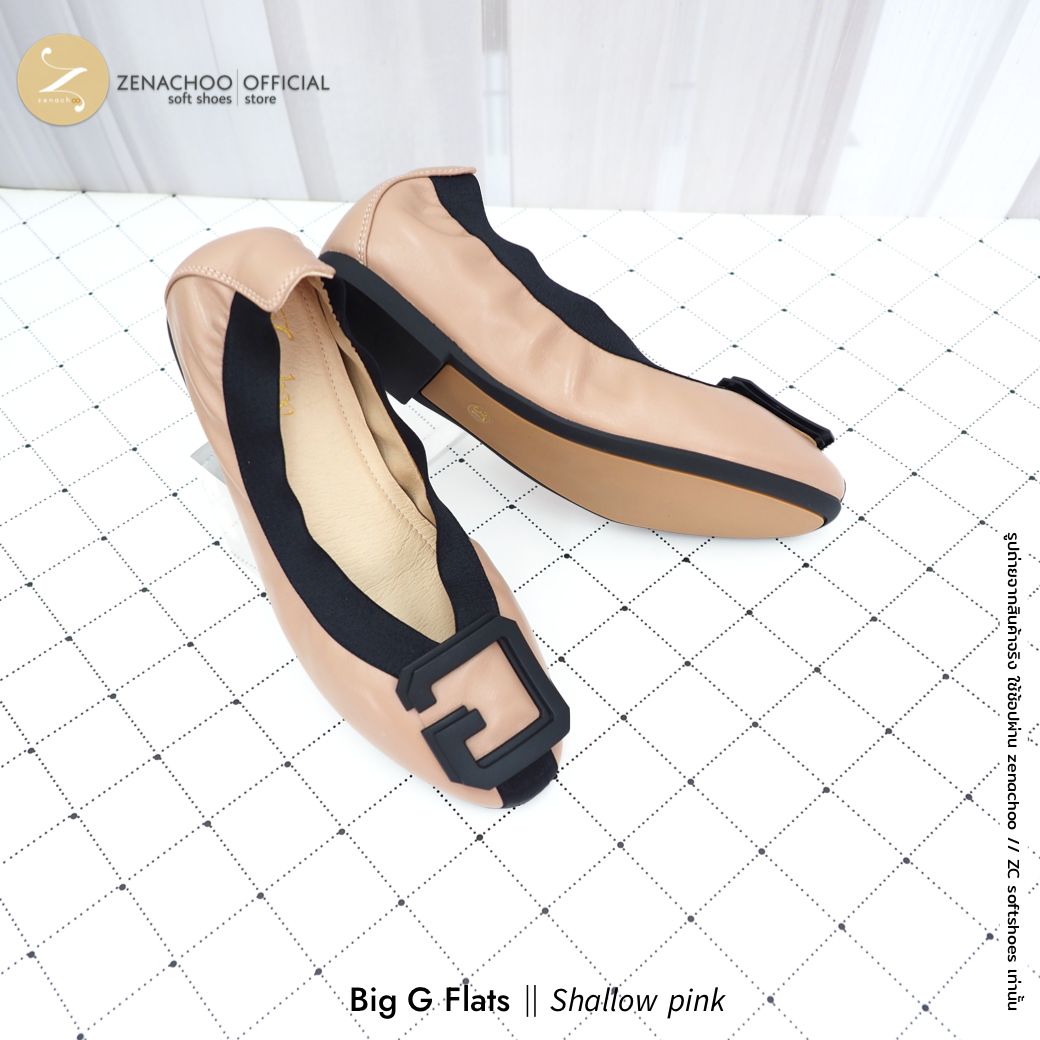ทรงปกติ เปลี่ยนไซส์ได้-ไม่รับคืน นิ่มตะลึง ท้าให้ลอง Zenachoo Big G flats สูง 1 นิ้ว รองเท้าหนังแกะแท้ หัวมน ใส่สบายมาก