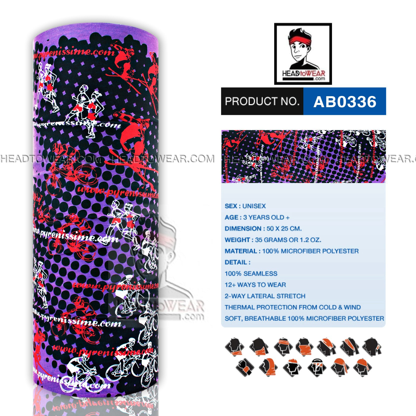 ผ้าบัฟ ผ้าโพกหัว ผ้าคาดผม HeadToWear ลายรวมมิตรกีฬา วิ่ง จักรยาน รหัส AB0336