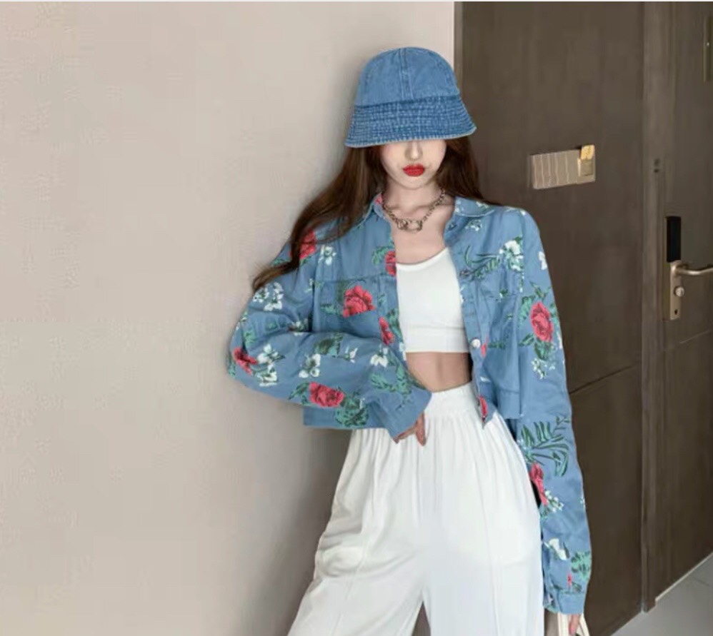 เสื้อครอปยีนส์แขนยาวลายดอกกุหลาบ งานป้าย ypy