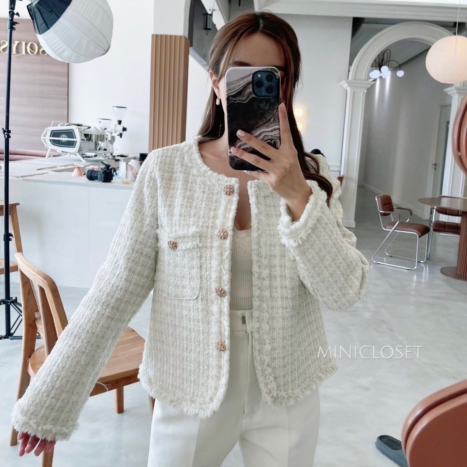 เสื้อทวีตแขนยาว เสื้อคลุมผ้าทวีตสีชมพู สีครีม งานสวยหรู