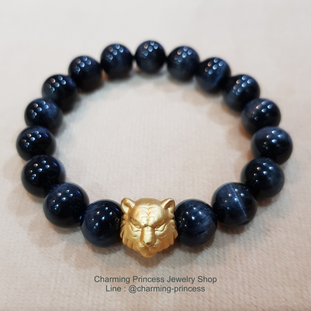 Blue Tiger Eye บลูไทเกอร์อาย 10 มม หินแห่งการมองการณ์ไกล คุ้มภัย เดินทางปลอดภัย ประดับสิงโตเงินแท้ชุบทอง