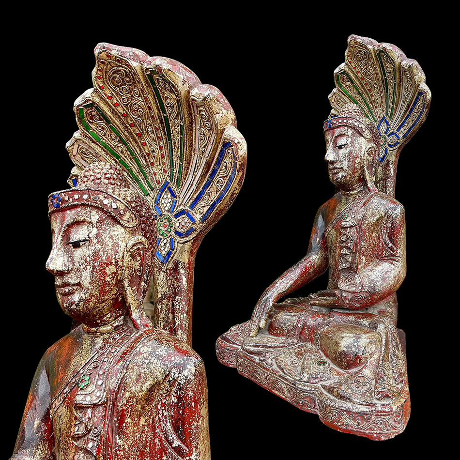 พระพุทธรูปไม้สัก แกะสลัก ปางนาคปรก อายุราว100ปี