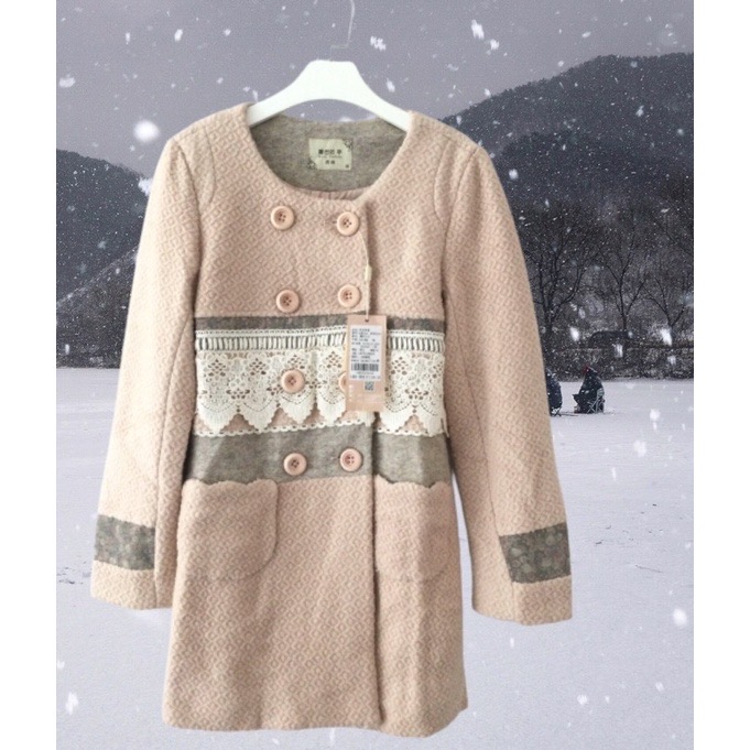 เสื้อโค้ทกันหนาวเกาหลี เสื้อกันหนาวตัวยาว มาพร้อมผ้าพันคอแต่งลูกไม้ *ตามรูปค่ะ