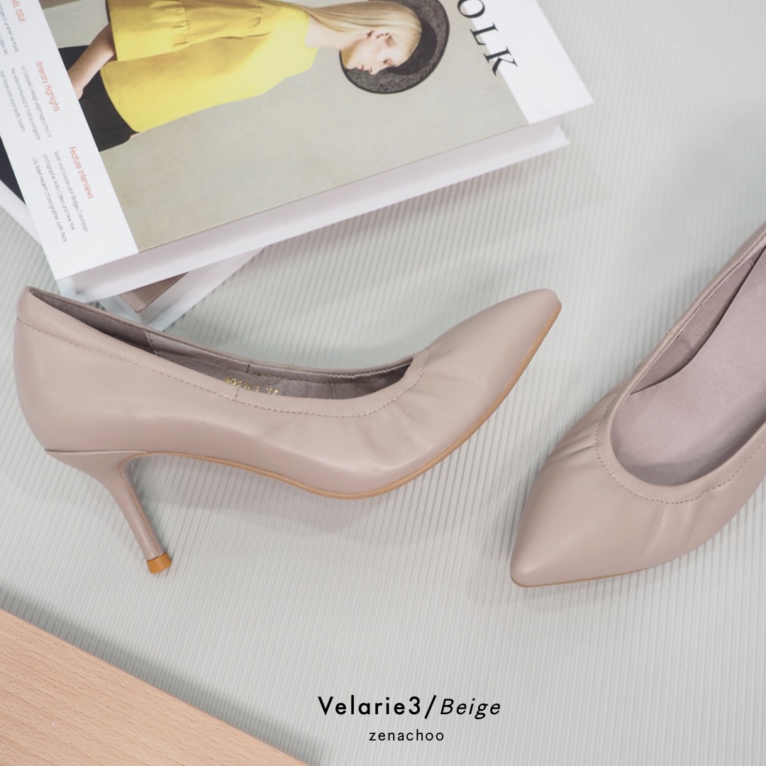 ทรงปกติ เปลี่ยนไซส์ได้-ไม่รับคืน Zenachoo Velarie3 สูง 3 นิ้ว Beige รองเท้าหนังแกะแท้ ใส่สวยมาก รองเท้าส้นเข็ม หัวแหลม
