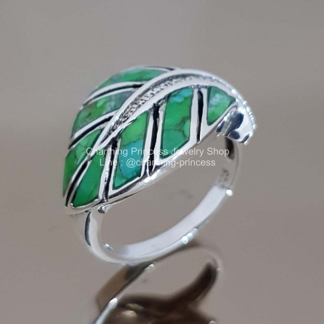 แหวนหินนําโชค เงินแท้ 925 เทอร์ควอยซ์ สีเขียว ดีไซส์ใบไม้ Turquoise เทอร์ควอยซ์ Turquoise เทอร์ควอยซ์ สีเขียว Green Turquoise Leaves Design Ring 925 Sterling Silver