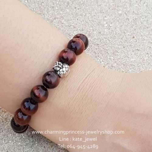 Tiger Eye Red เรด ไทเกอร์อาย ความหมาย หินแก้วตาเสือ 10 มม ประดับ นกฮูก เงินแท้