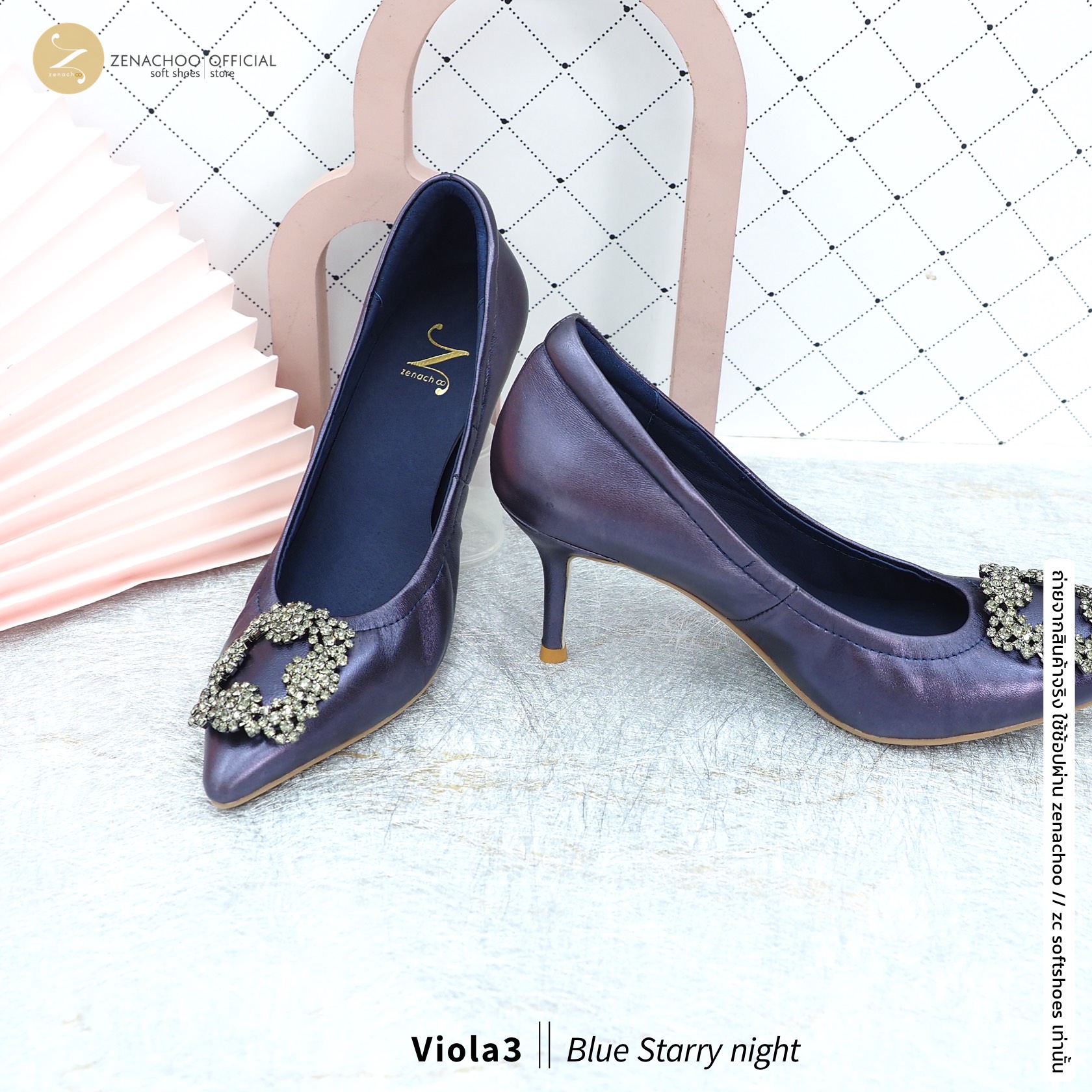 สีใหม่ ทรงปกติ:เปลี่ยนไซส์ได้-ไม่รับคืน รุ่นขายดี Zenachoo Viola3 สูง 3 นิ้ว สี Blue Starrynight รองเท้าหนังแกะแท้ หัวแหลมหน้ากว้าง