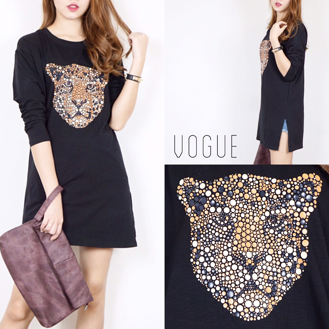 เดรสผ้าสลาฟสีดำผ้าไม่บางนะคะ แต่งลายหน้าเสื้อตรงกลางหน้าอก งานสวยมากๆค่ะ เพราะ หน้าเสื้อไม่ใช่งานสกรีนแบบทั่วไปนะคะ แต่เป็นการตัดปะด้วยหนังหลากสีที่ตัดเป็นชิ้นกลมๆเล็กๆนำมาประกอบเป็นหน้าเสื้อ ทำให้งานออกมาสวยงาม ดูมีมิติ มากกว่างานสกรีนทั่วไปค่ะ