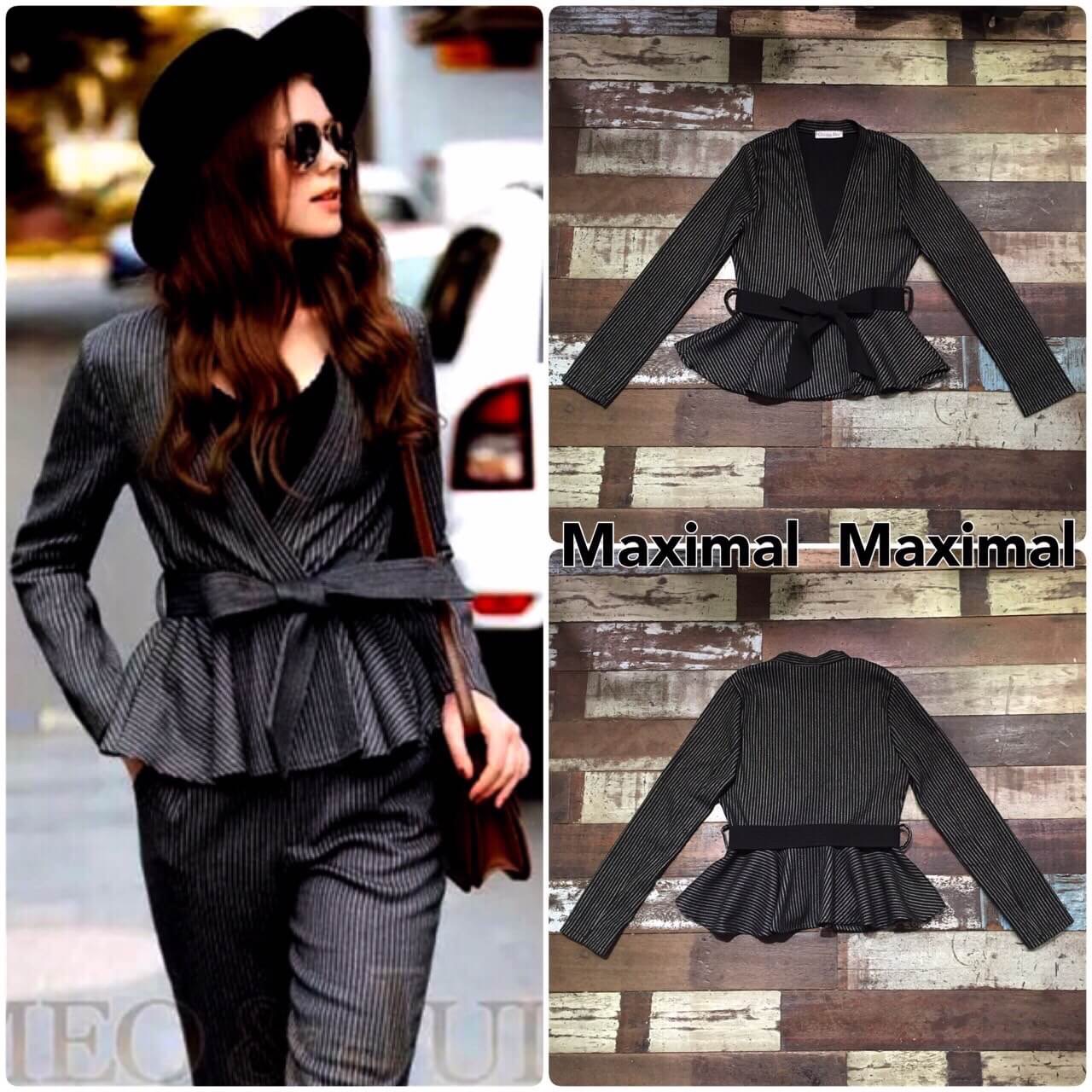 เสื้อสูทลายทางตรงชายระบายบานพร้อมเข็มขัดผ้า มาพร้อมป้ายคอ Christian Dior