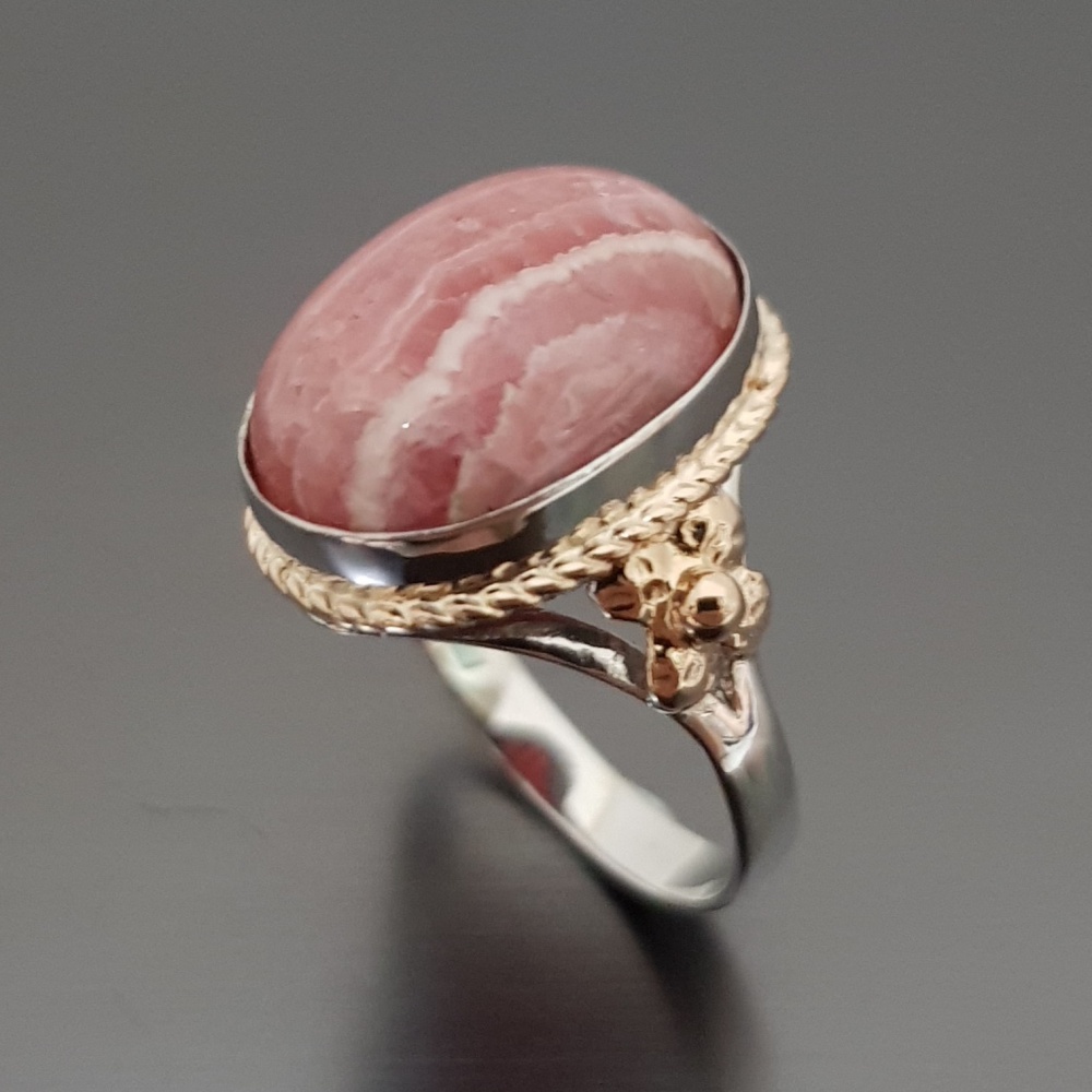 แหวน โรโดโครไซต์ หินสีชมพู แหวนเงินแท้ชุบสองสี ชุบทองพิงค์โกลด์ 925 & 14K Rose Gold Plated Sterling Silver Rhodocrosite Oval 10x8 mm Genuine Stone Rings สำเนา