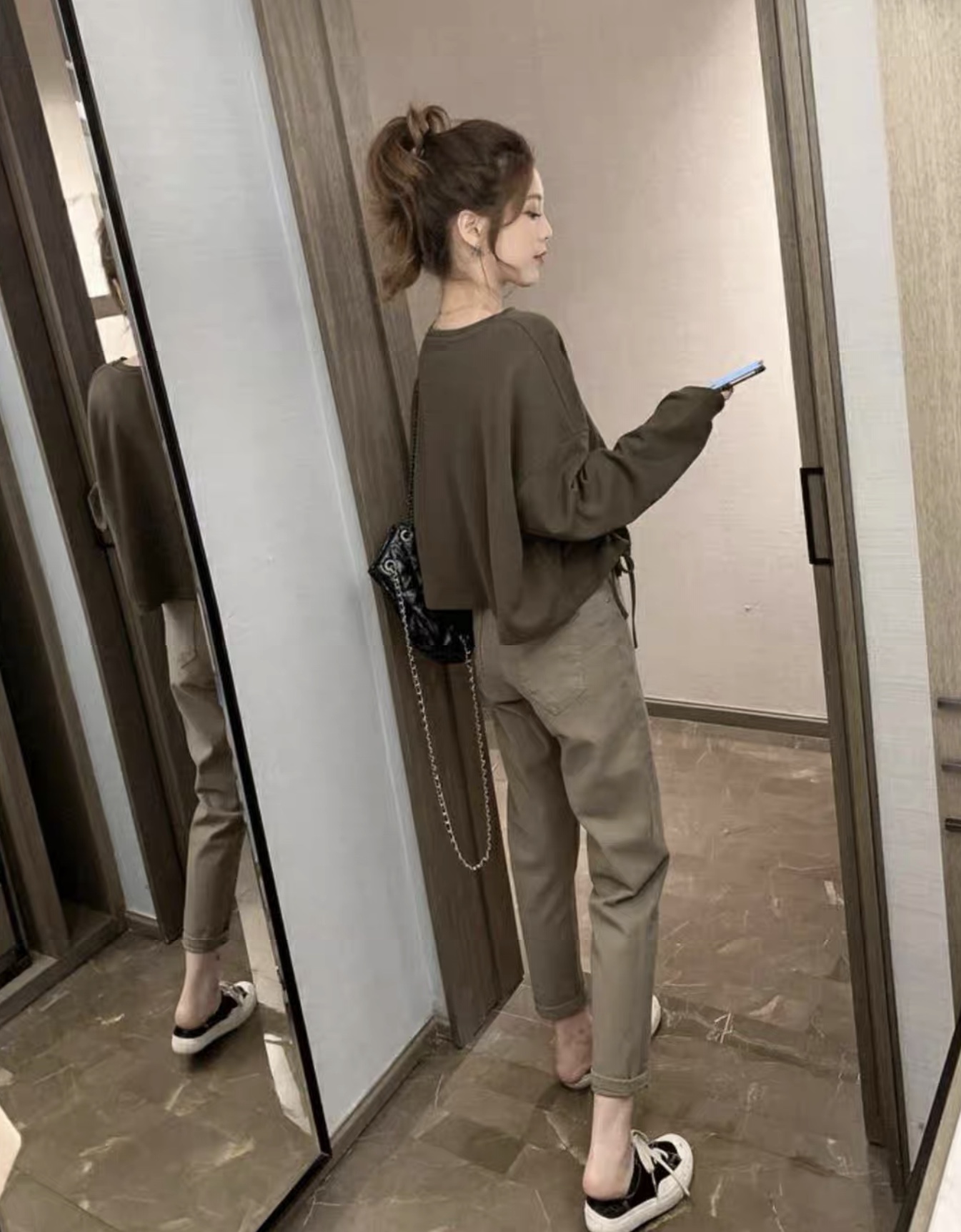 ชุดเซตขายาว เสื้อยืดโอเว่อร์ไซส์+กางเกงขายาว สีเขียวขี้ม้า