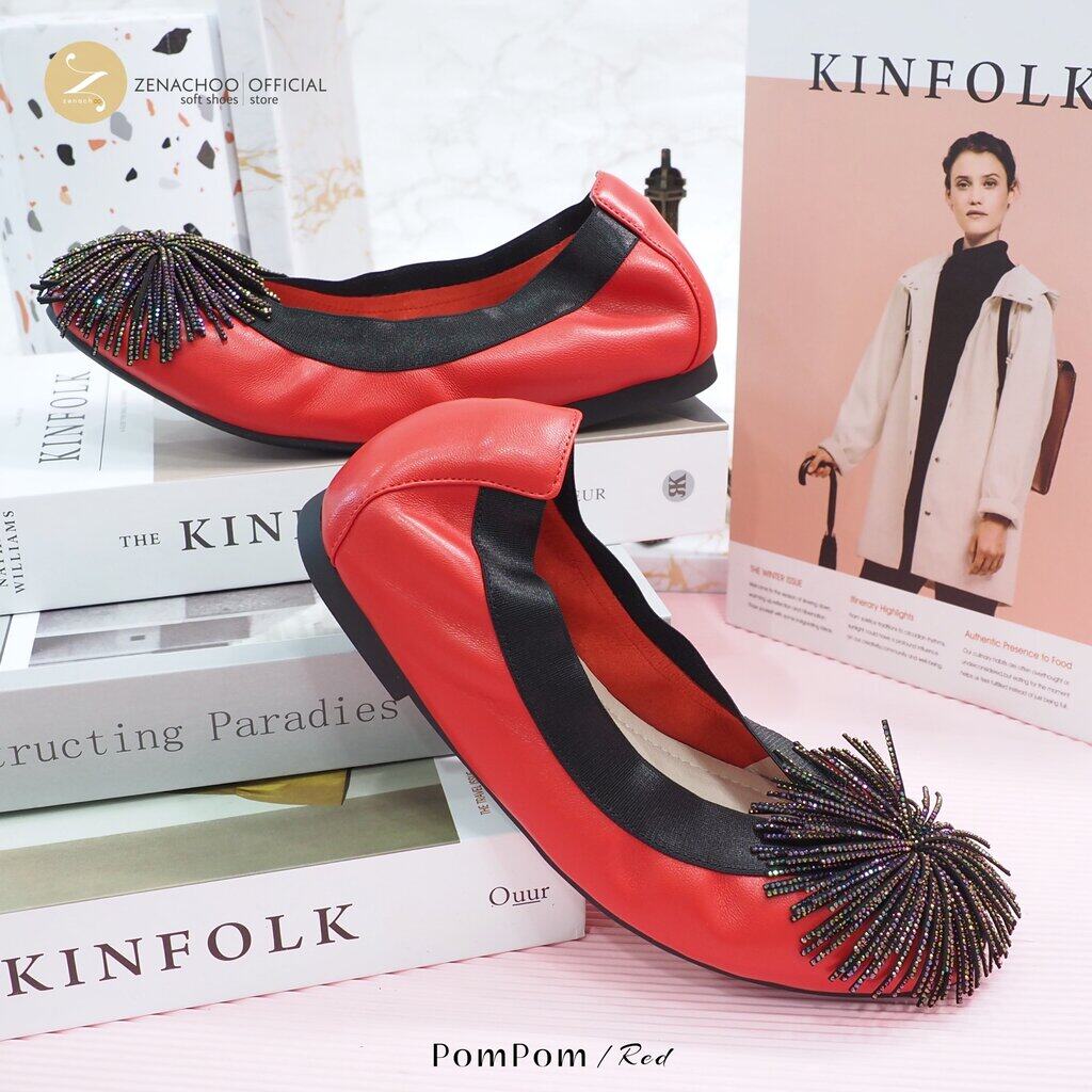 ทรงปกติ สินค้าลดราคา ไม่รับเปลี่ยน-คืน ทุกกรณึ นิ่มมากจนต้องร้องว้าว Zenachoo รุ่น PomPom สูง 1นิ้ว รองเท้าหนังแกะแท้ รับประกันความนิ่มสบาย