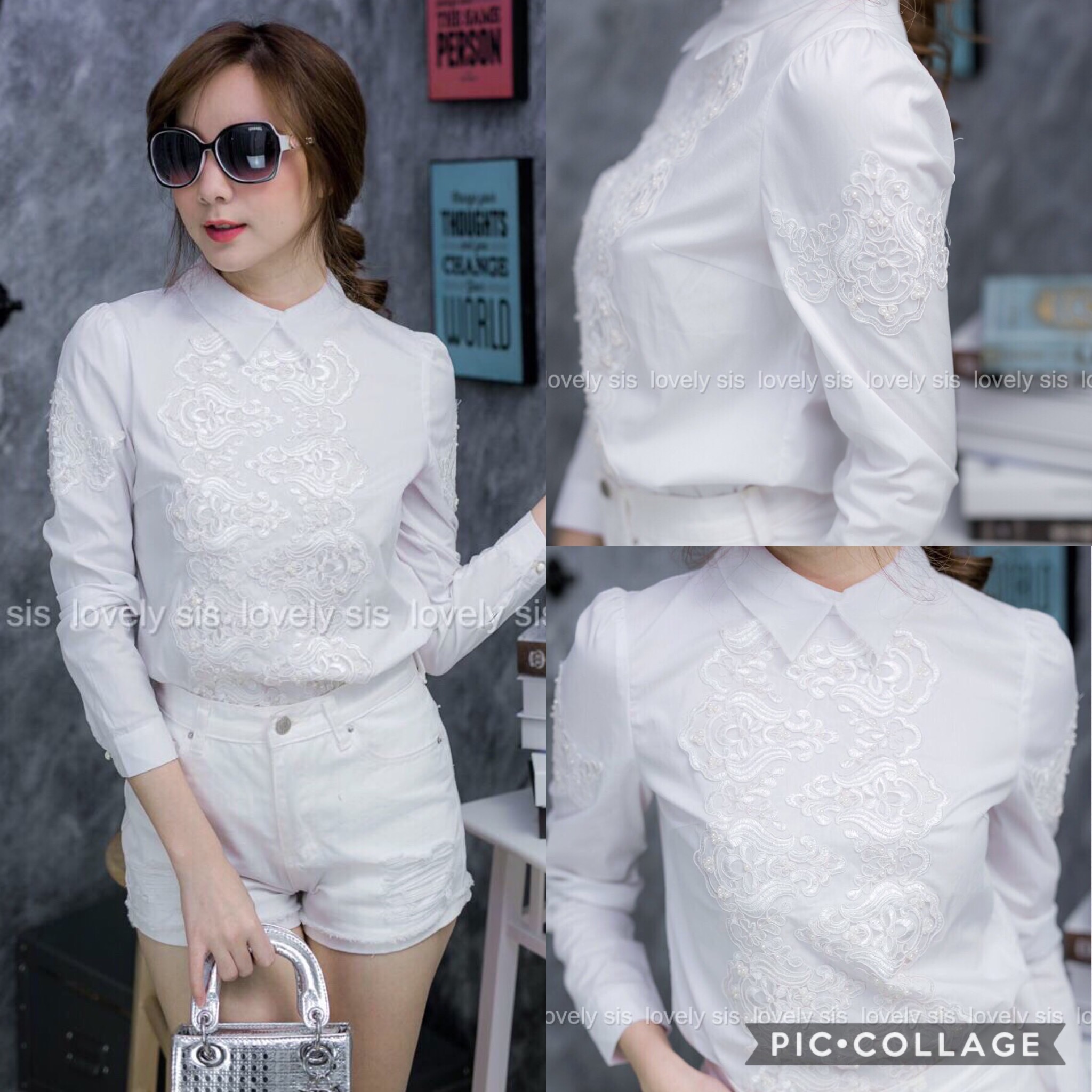 เสื้อเชิ้ตสีขาวแขนยาว ปักมุกเม็ดเล็กๆแซมลูกไม้ลายสวยๆ เรียบหรูดูดีมากๆค่ะ