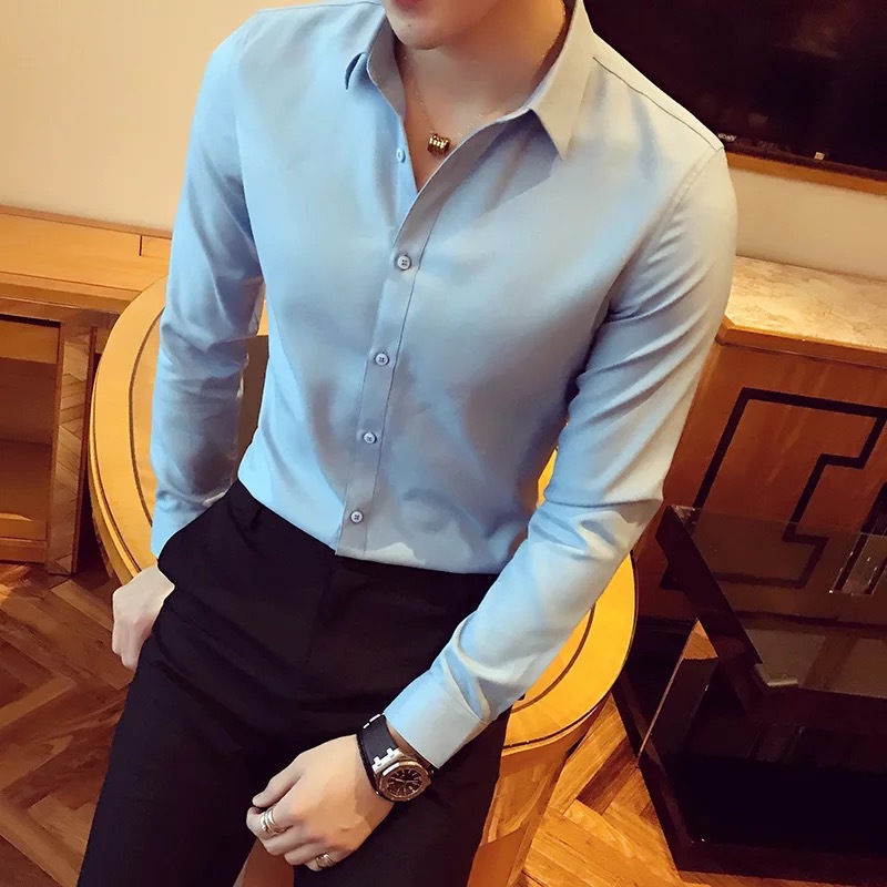 พร้อมส่ง เสื้อเซิ้ต สีฟ้า แขนยาว ทรงสลิมเข้ารูป เสื้อเซิ้ตผู้ชายแฟชั่น