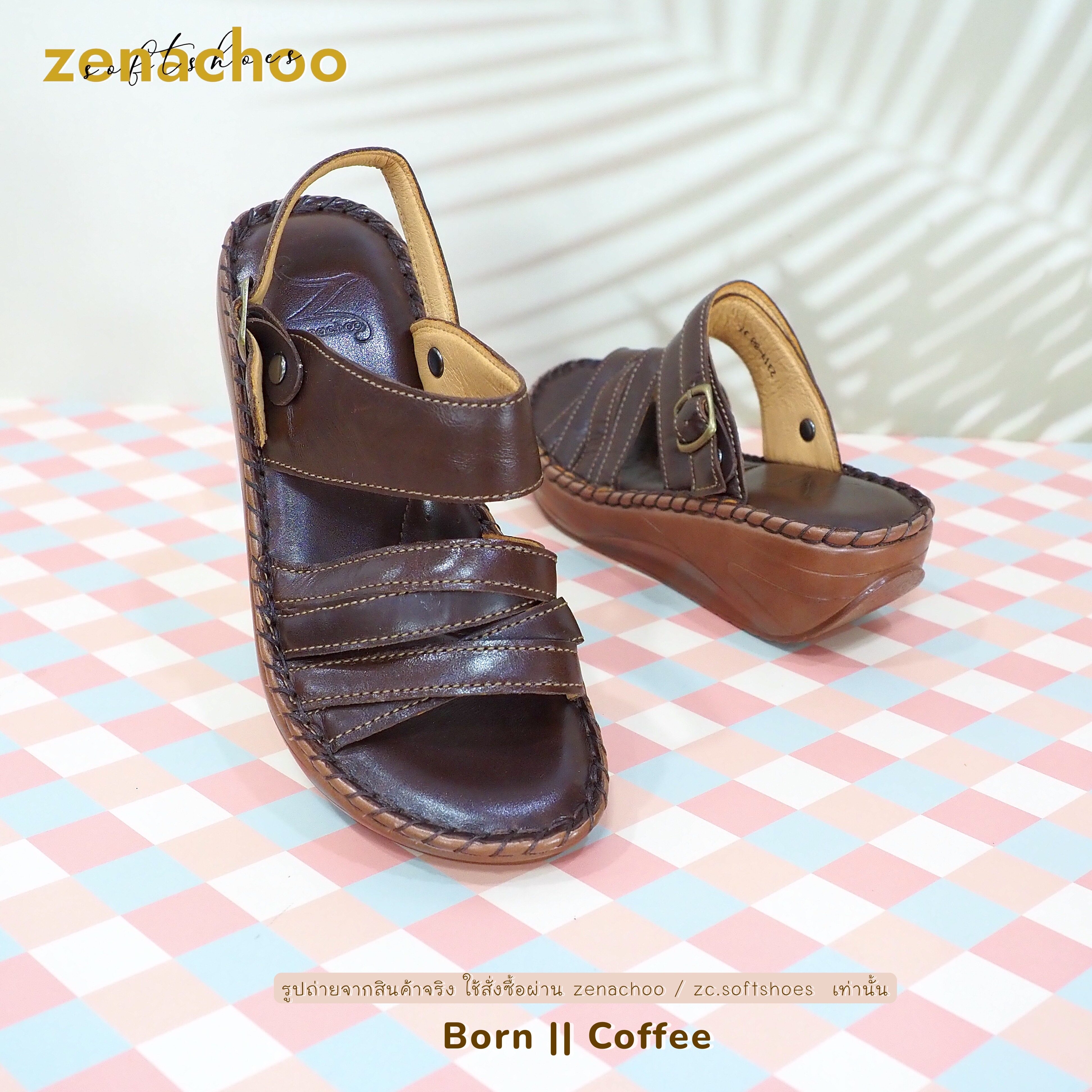 ทรงปกติ เปลี่ยนไซส์ได้ ไม่รับคืน Zenachoo รองเท้าสุขภาพ หนังแท้ทั้งคู่ รุ่น Born สูง 2 นิ้ว ปรับสายได้ รับประกันความนุ่มสบาย