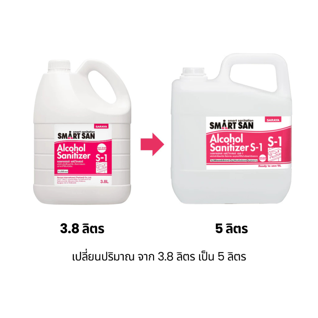 SARAYA แอลกอฮอล์ฆ่าเชื้อโรค SMART SAN Alcohol Sanitizer S-1 (ไม่มีกลิ่น) Food Grade ขนาด 5 ลิตร