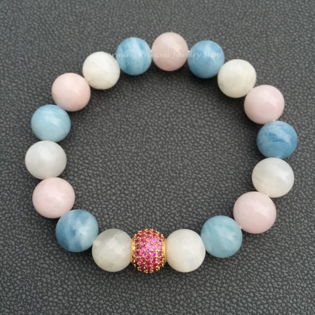 Aquamarine Moonstone Rose Quartz Madagascar อความารีน มูนสโตน โรสควอทซ์ มาดากัสการ์ 10 มม ประดับพลอยสีทับทิม แทนความรักและความห่วงใย