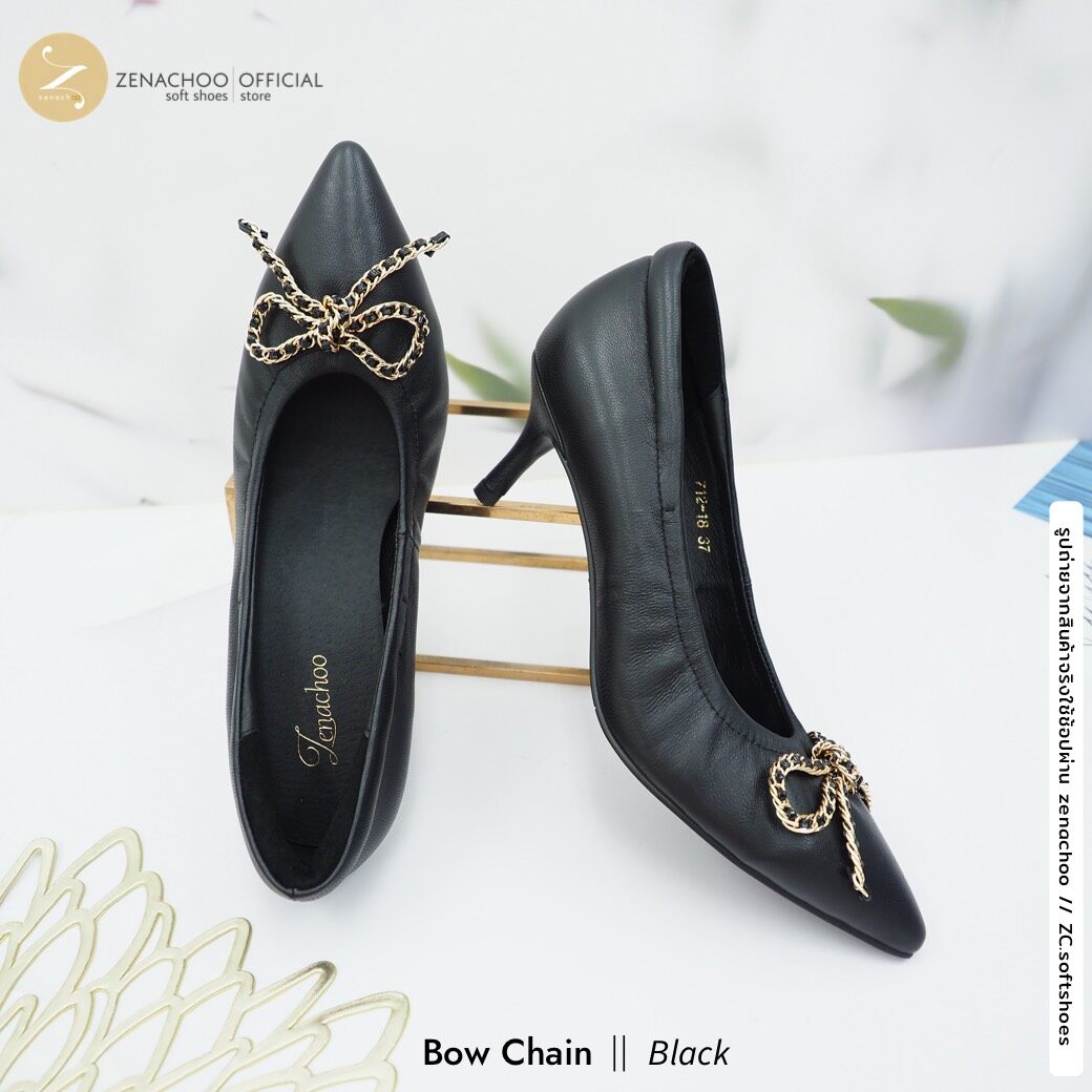 ทรงปกติ เปลี่ยนไซส์ได้-ไม่รับคืน ทรงที่ขายดีที่สุด Zenachoo รุ่น Bow Chain สูง 2 นิ้ว รองเท้าหนังแกะแท้ หนังนิ่ม พื้นนุ่ม