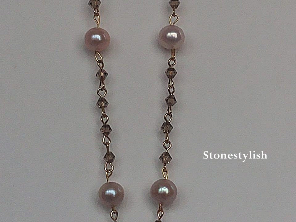 สร้อยคอ มุกน้ำจืดสีชมพู ร้อยคริสตัล Fresh Water Pearl with crystal
