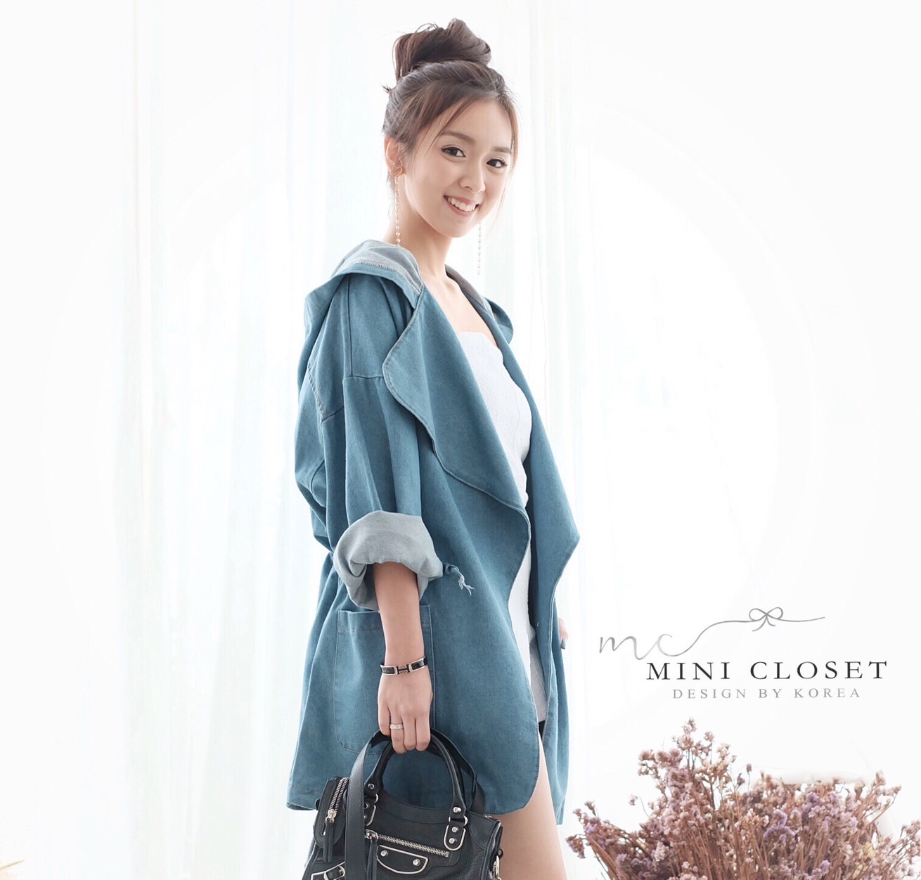 เสื้อคลุมยีนส์แขนยาวปกใหญ่มีฮู้ดน่ารักๆ