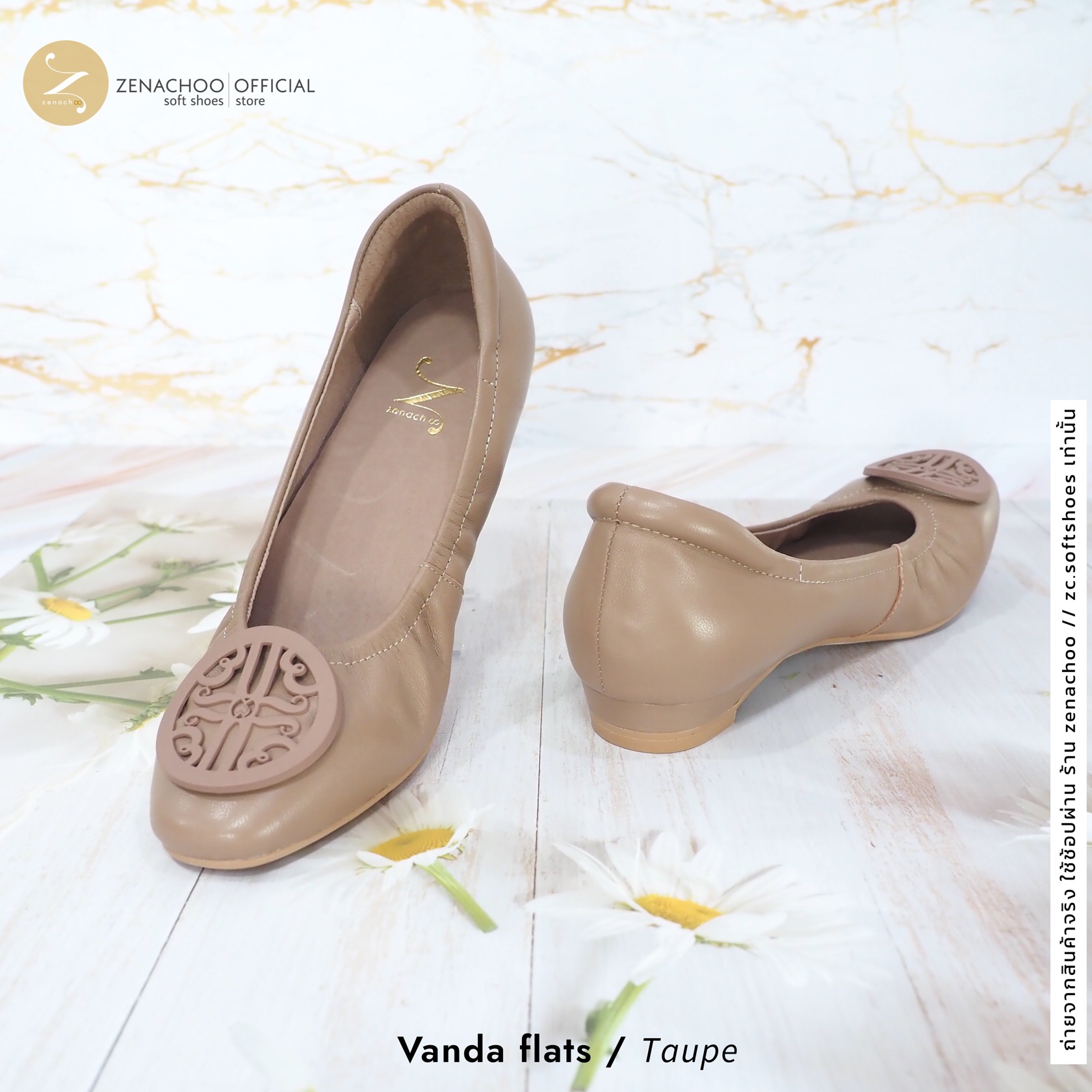 ทรงปกติ เปลี่ยนไซส์ได้-ไม่รับคืน Zenachoo รุ่น VANDA Flats สูง 1นิ้ว รองเท้าหนังแกะแท้ หนังนิ่ม พื้นนุ่ม