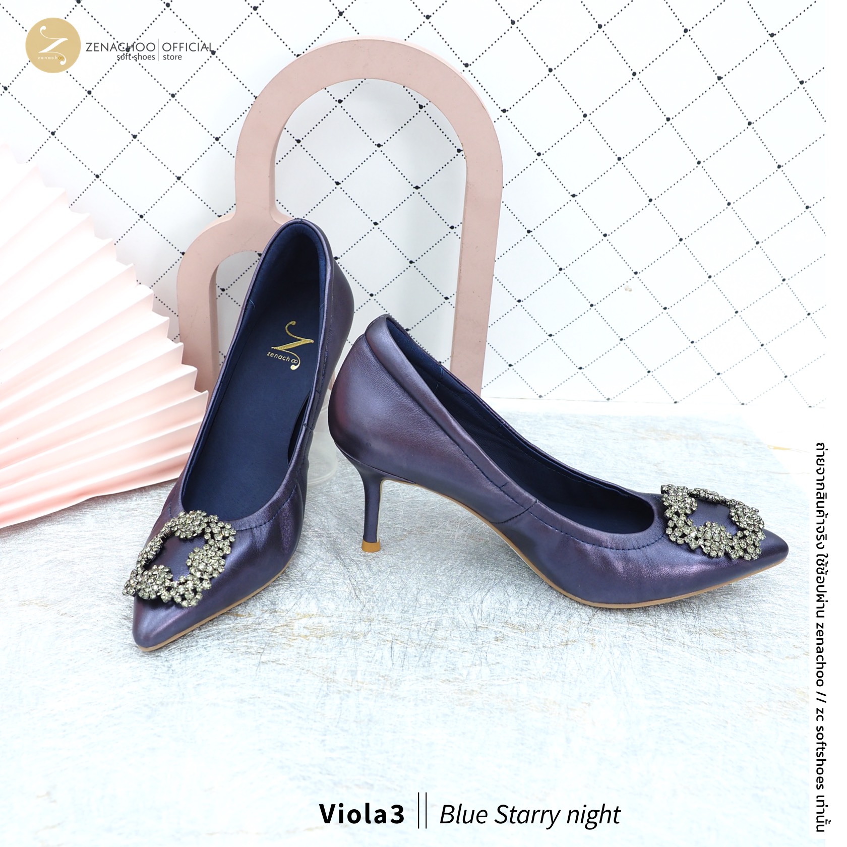 สีใหม่ ทรงปกติ:เปลี่ยนไซส์ได้-ไม่รับคืน รุ่นขายดี Zenachoo Viola3 สูง 3 นิ้ว สี Blue Starrynight รองเท้าหนังแกะแท้ หัวแหลมหน้ากว้าง