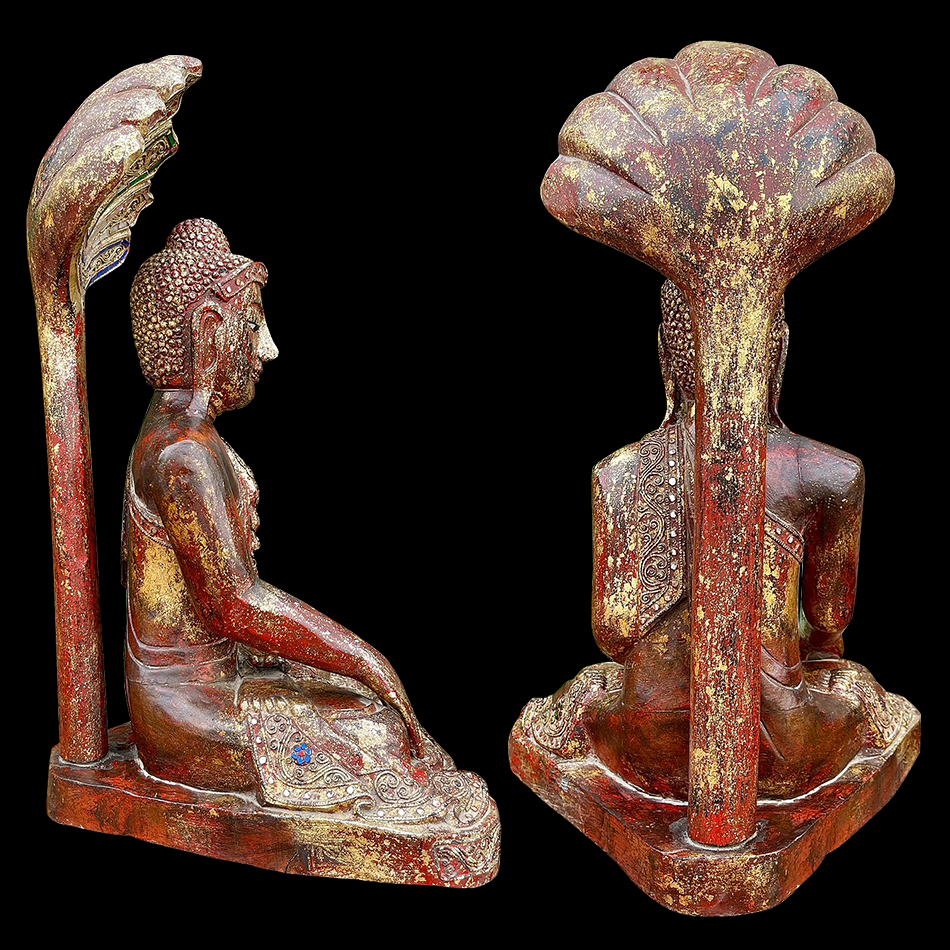 พระพุทธรูปไม้สัก แกะสลัก ปางนาคปรก อายุราว100ปี