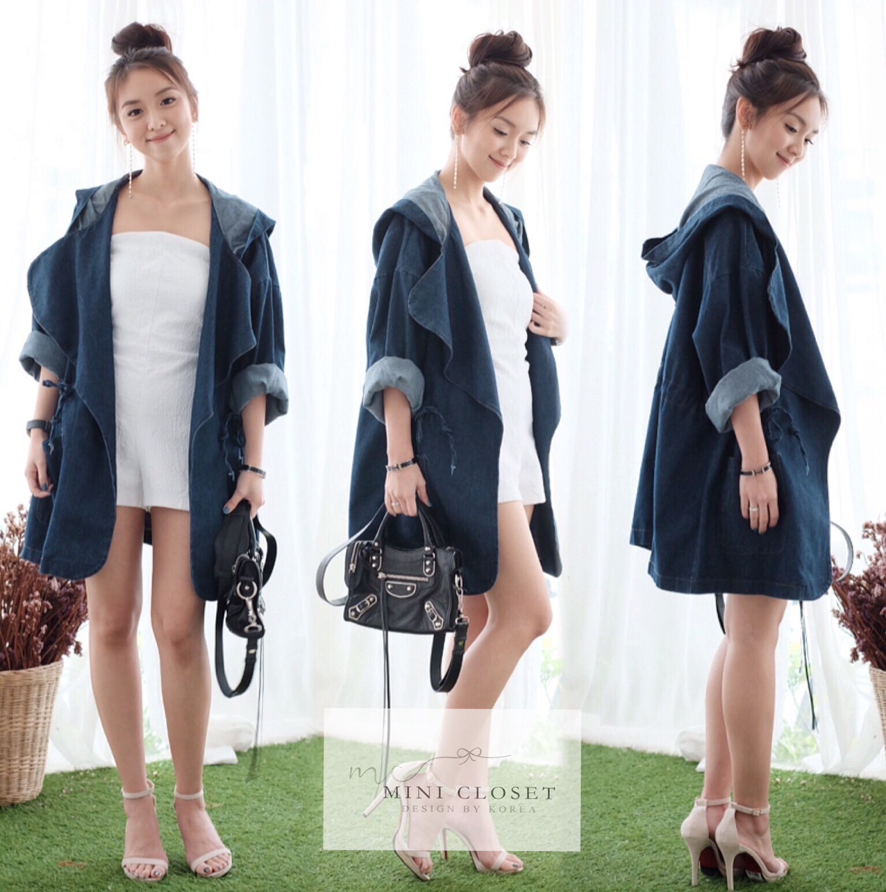 เสื้อคลุมยีนส์แขนยาวปกใหญ่มีฮู้ดน่ารักๆ