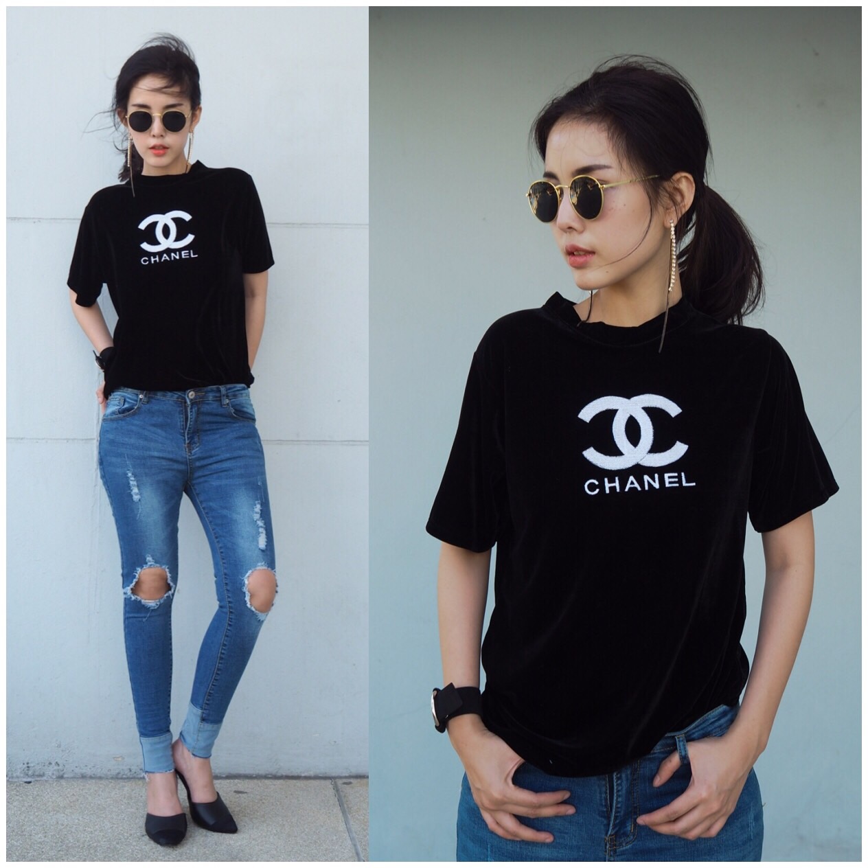 เสื้อยืดคอกลม ผ้ากำมะหยี่ปักลาย สวยๆ ตามรูป