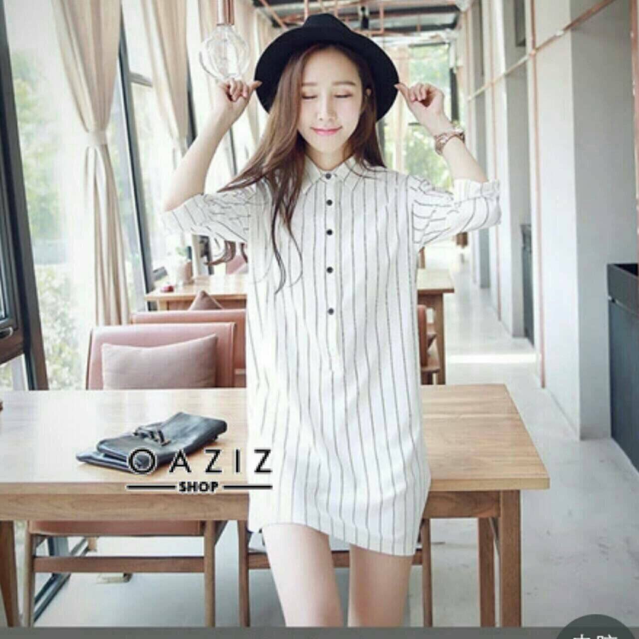 Dress Shirtแขนยาว ลายริ้วตัดเส้นขาว เนื้อผ้าอย่างดี งานสวย ใส่แล้วน่ารักค่ะ