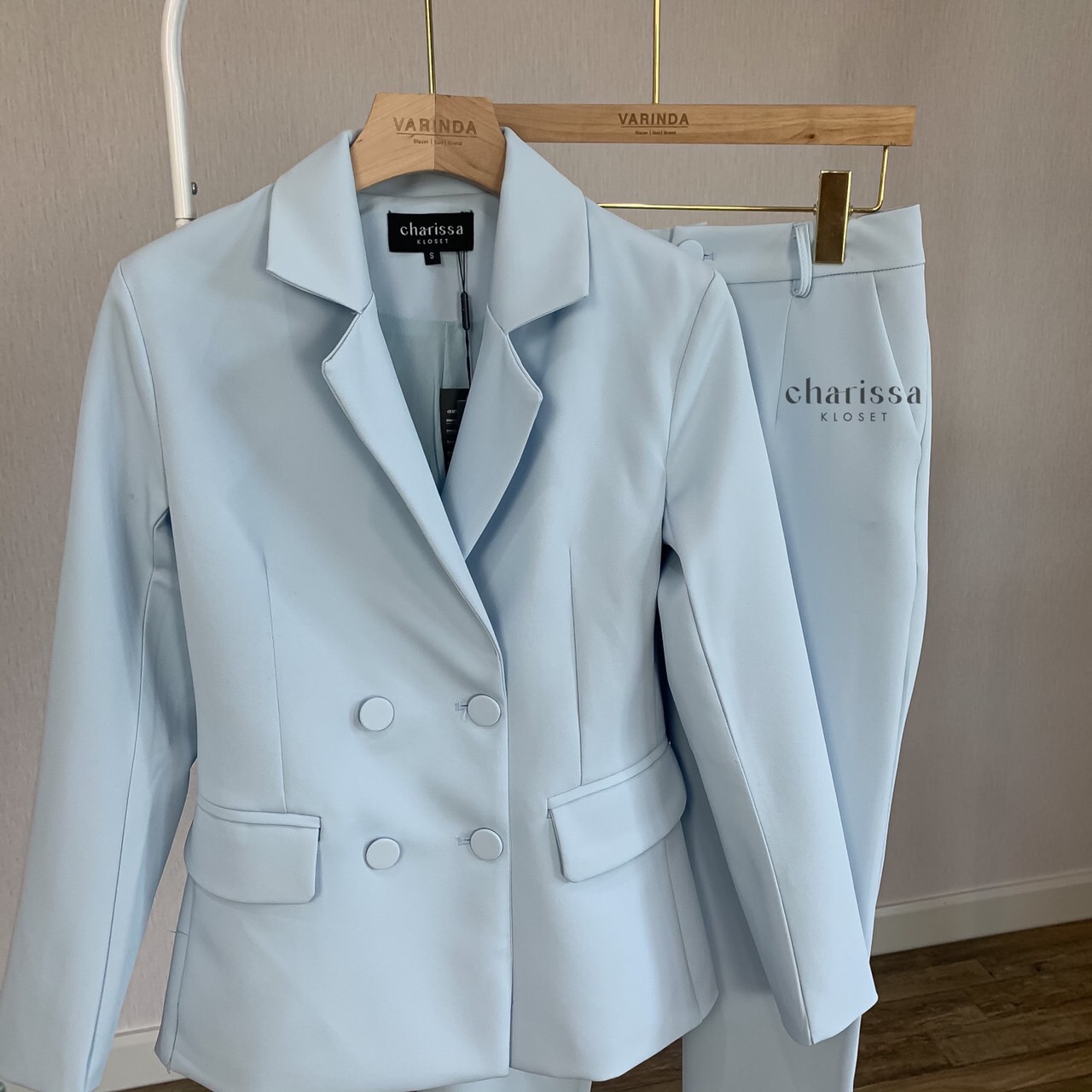 ชุดสูทผู้หญิง เซตสูทขายาวผู้หญิง ชุดสูทสีฟ้า