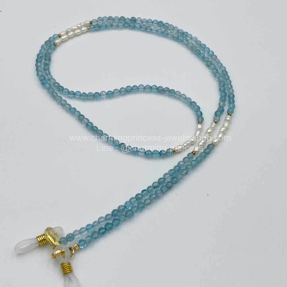 Apatite อพาไทท์ อัญมณีแห่งการเสริมชัยชนะ และ Pearl มุก เป็นสัญลักษณ์แห่งความสมบูรณ์ สายคล้องแมส สายคล้องแว่นตา หินนำโชค